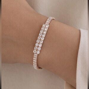 Gold Plated CZ Tennis Bracelet Double Row Center Baguette Round Bridal Jewelry